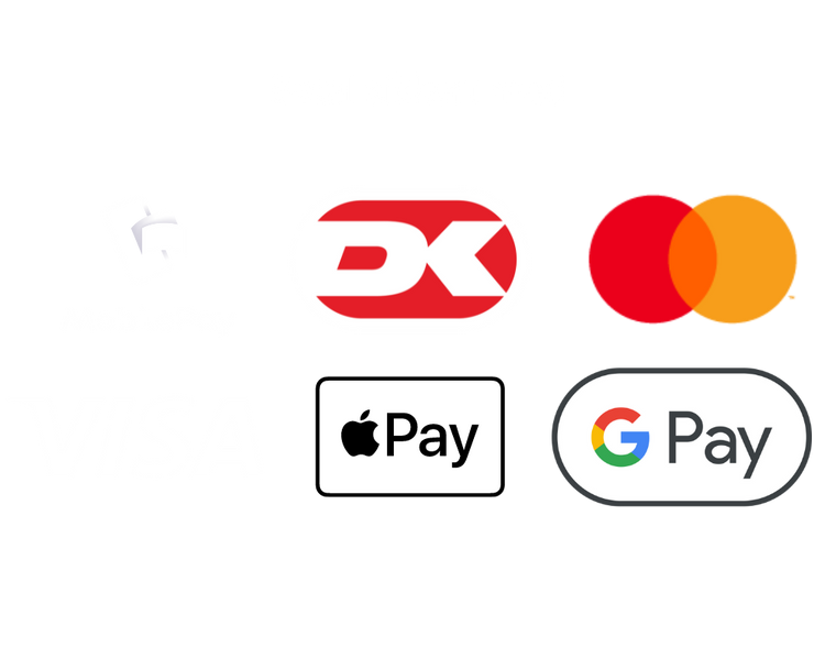 Teksten "Betal sikkert med" og logoer af MobilePay, Dankort, Mastercard, Visa, ApplePay og GooglePay